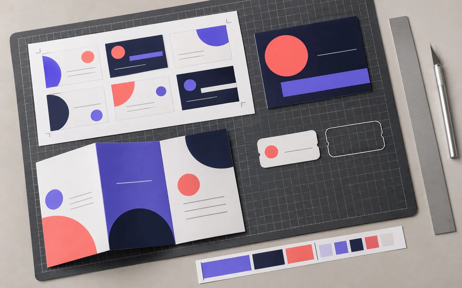 Illustration of a print production table with a sheet of business cards inside crop marks, a folded brochure, a die-cut label and a colour proof strip in navy, violet and coral