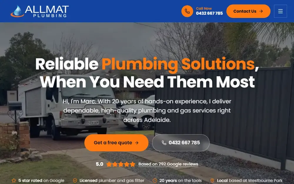 Homepage of the rebuilt Allmat Plumbing website