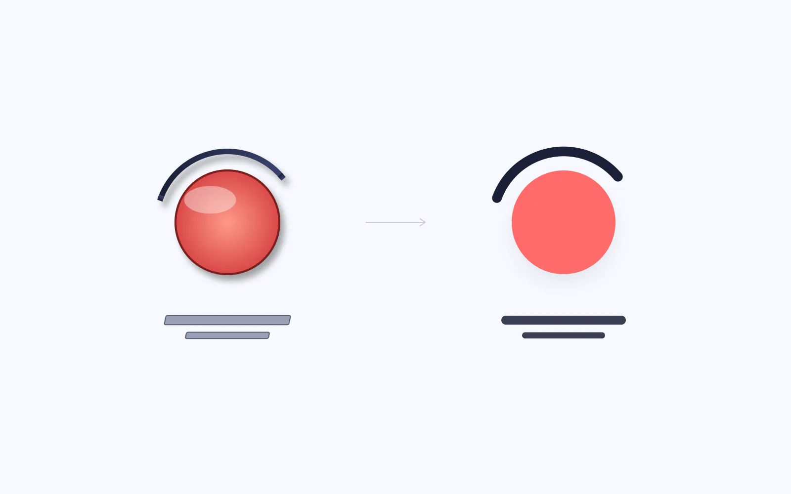 Illustration of an abstract coral mark changing from a glossy, older style to a flat, modern one while its colour and shape stay the same
