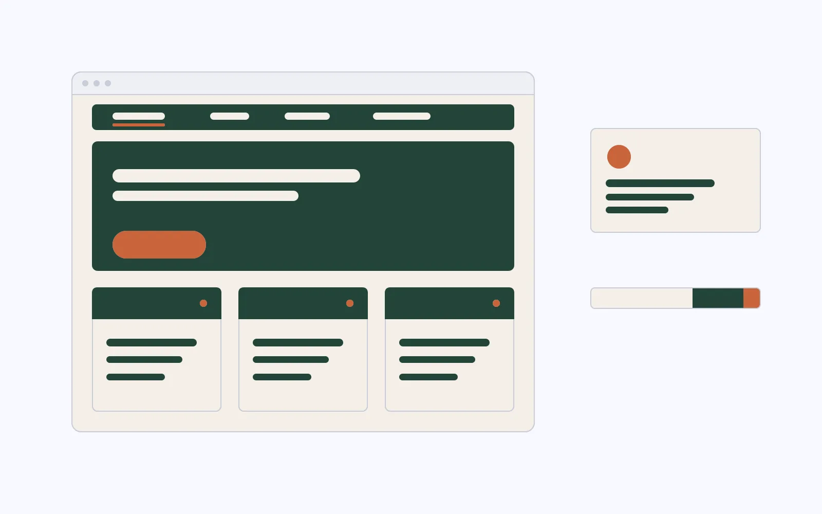 Illustration of a grey website wireframe and business card filling with colour in a 60, 30 and 10 split: cream first, then deep green, then a clay accent